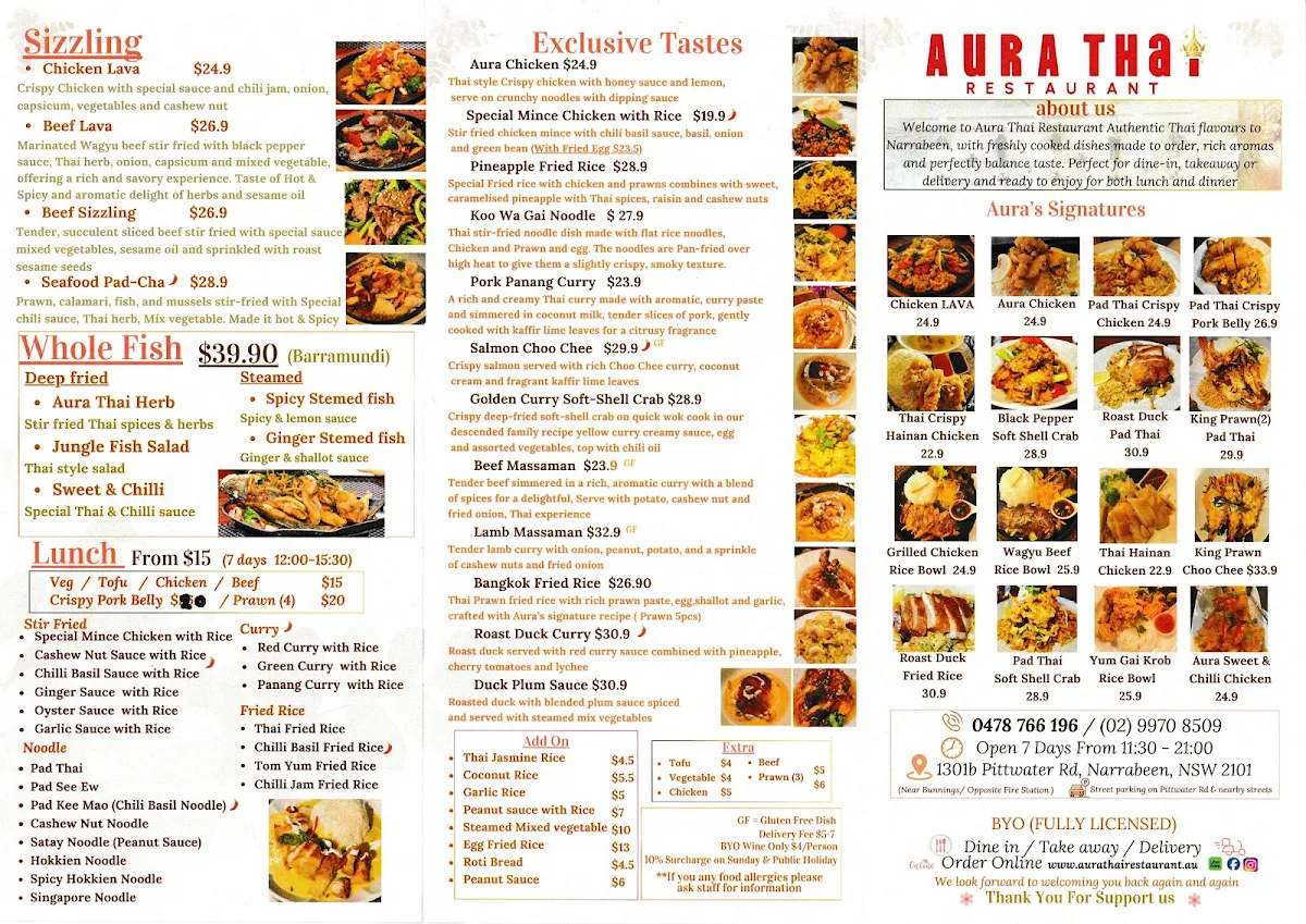 Menu, Aura Thai Restaurant (Narrabeen)