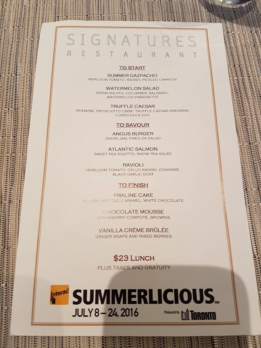 Menu, Signatures Restaurant