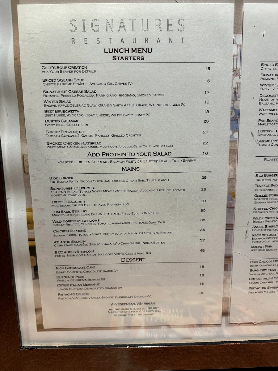 Menu, Signatures Restaurant