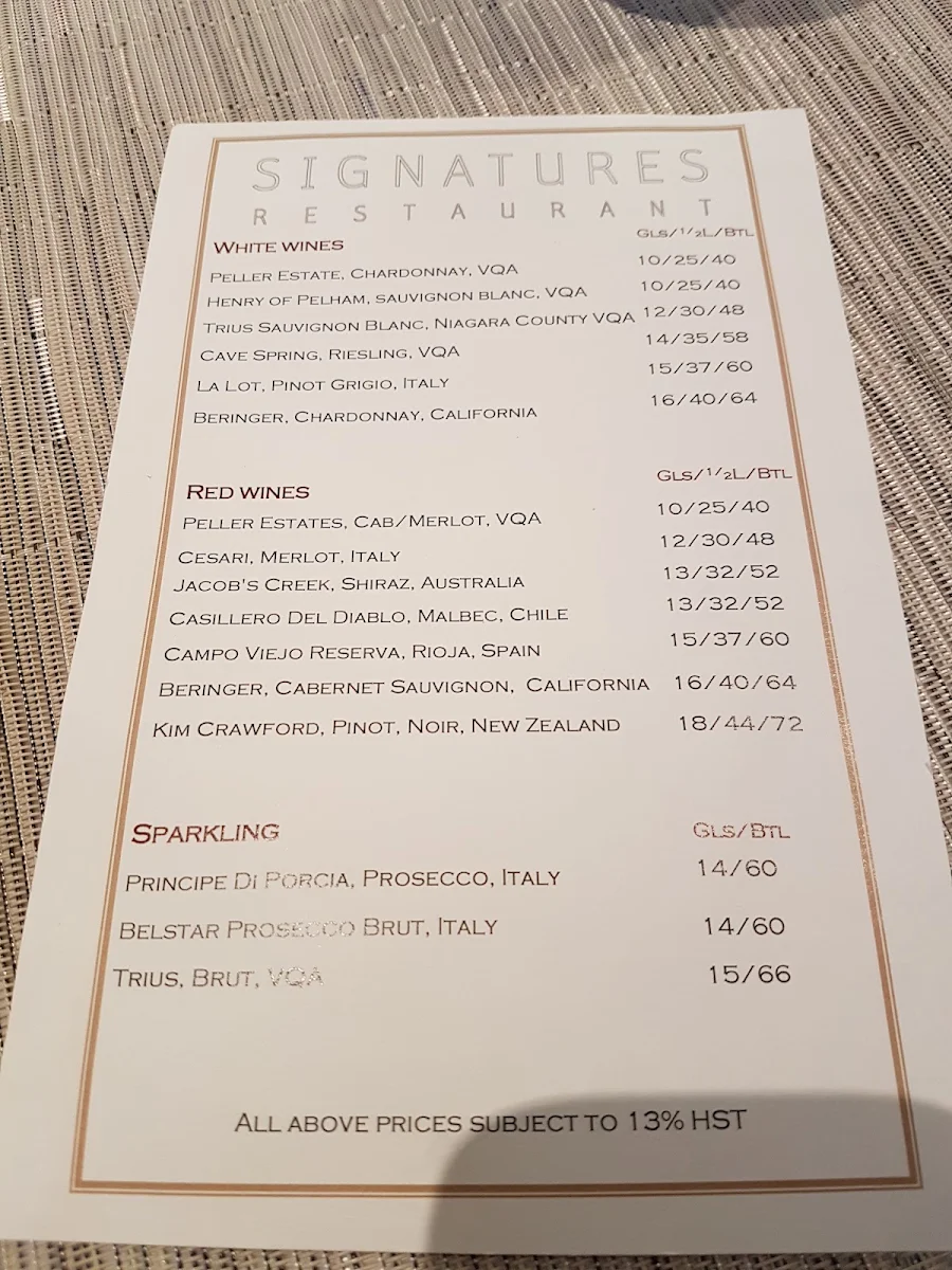 Menu, Signatures Restaurant