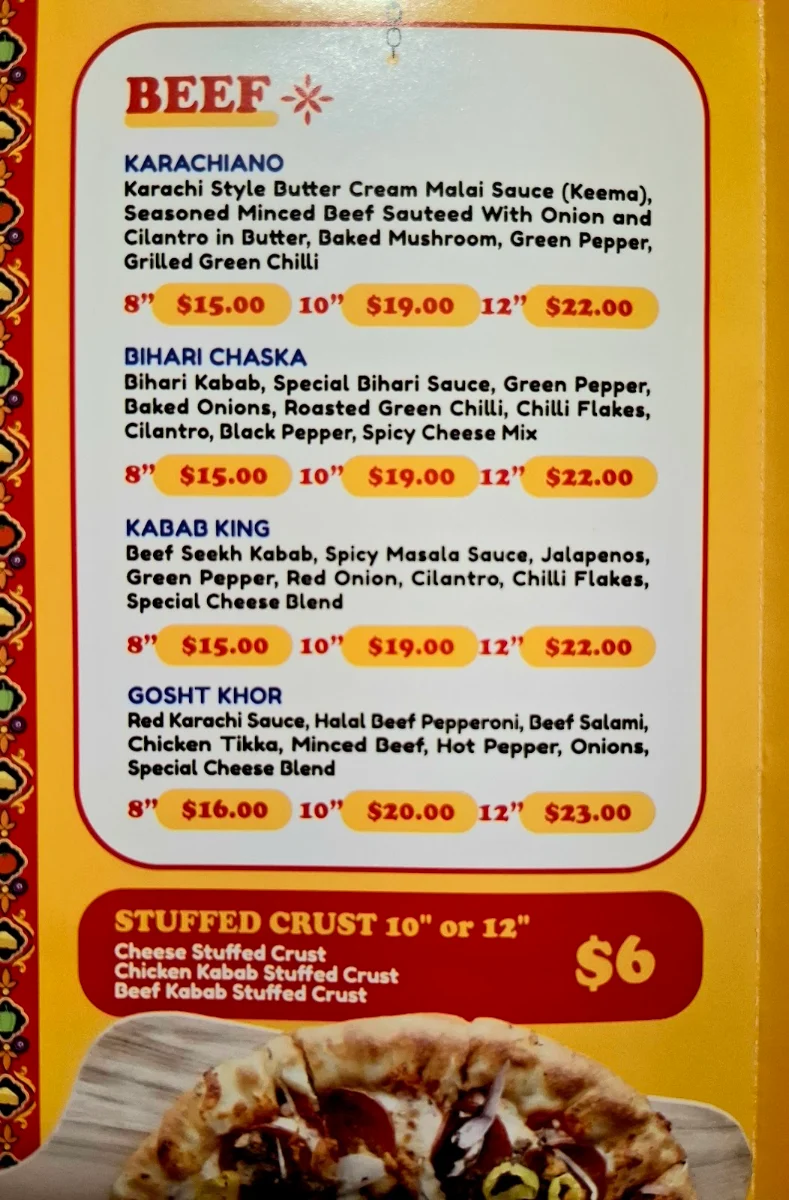 Menu, Pizza Karachi