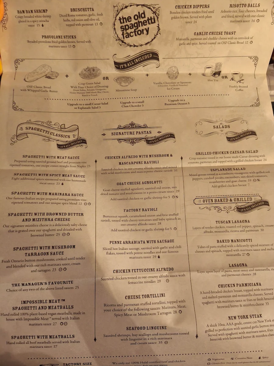 Menu, The Old Spaghetti Factory