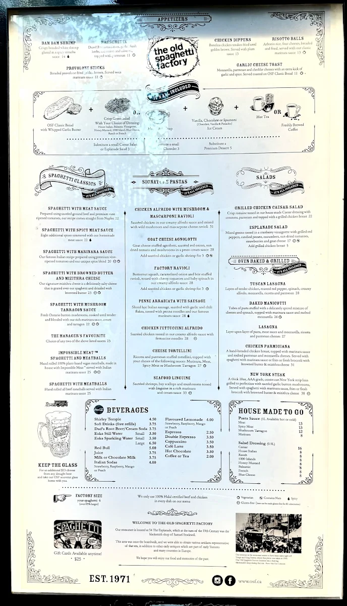 Menu, The Old Spaghetti Factory