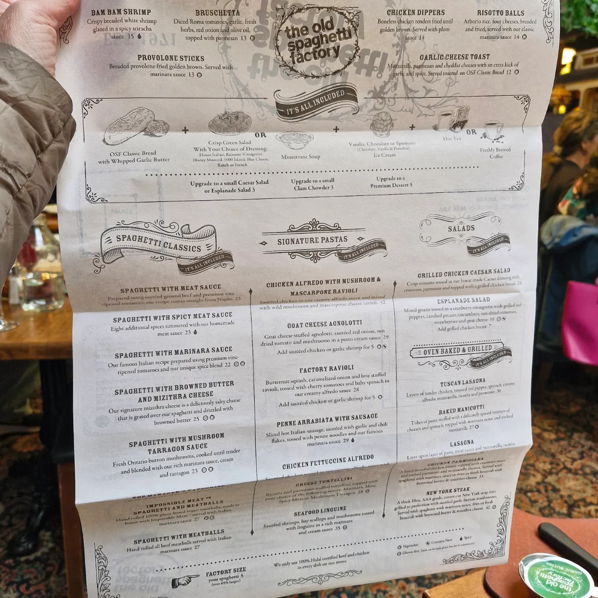 Menu, The Old Spaghetti Factory