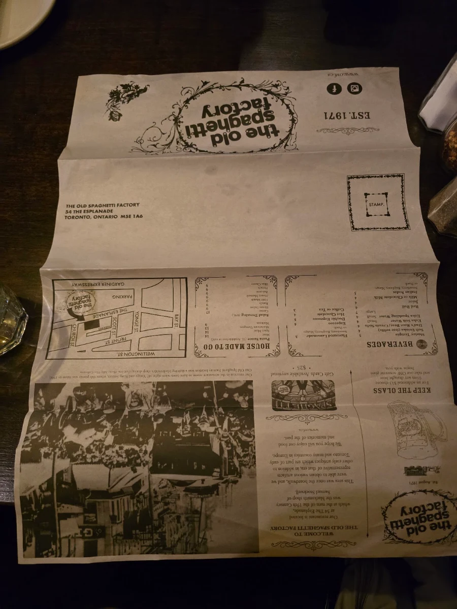 Menu, The Old Spaghetti Factory