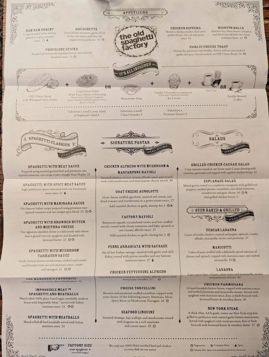 Menu, The Old Spaghetti Factory
