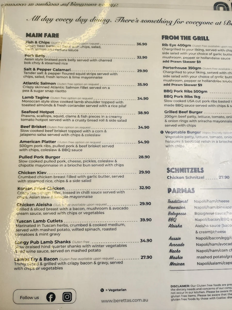 Menu, Beretta's Langwarrin Hotel