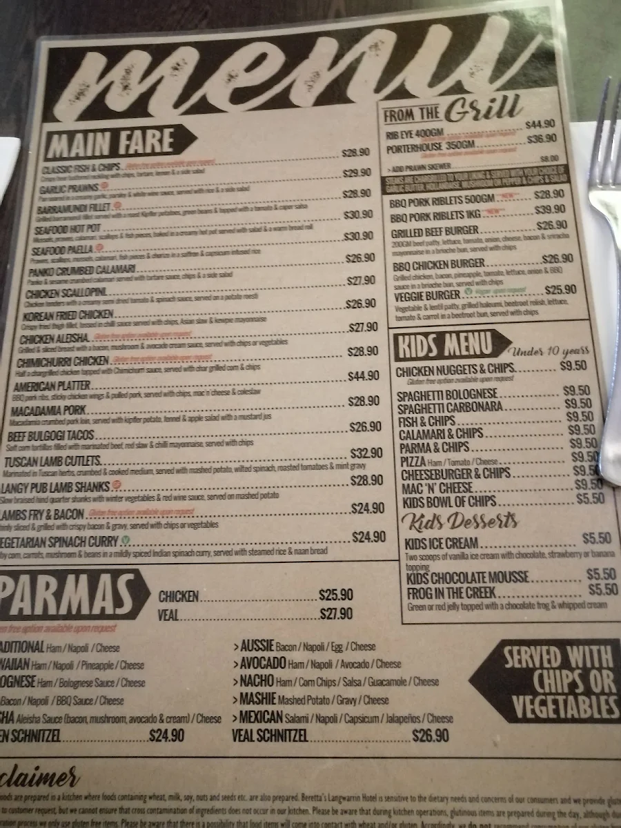 Menu, Beretta's Langwarrin Hotel