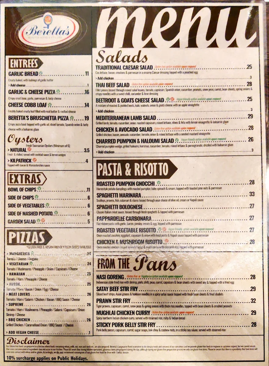 Menu, Beretta's Langwarrin Hotel