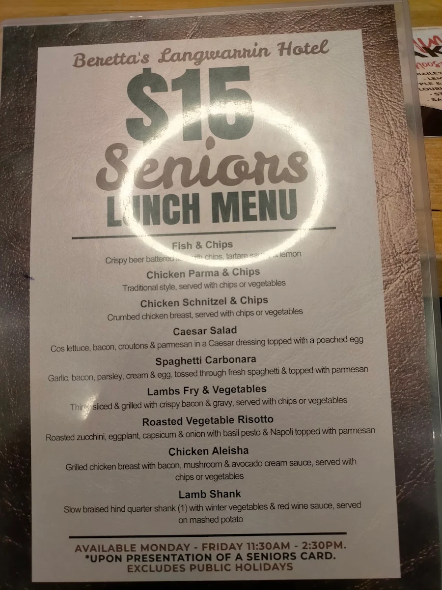 Menu, Beretta's Langwarrin Hotel