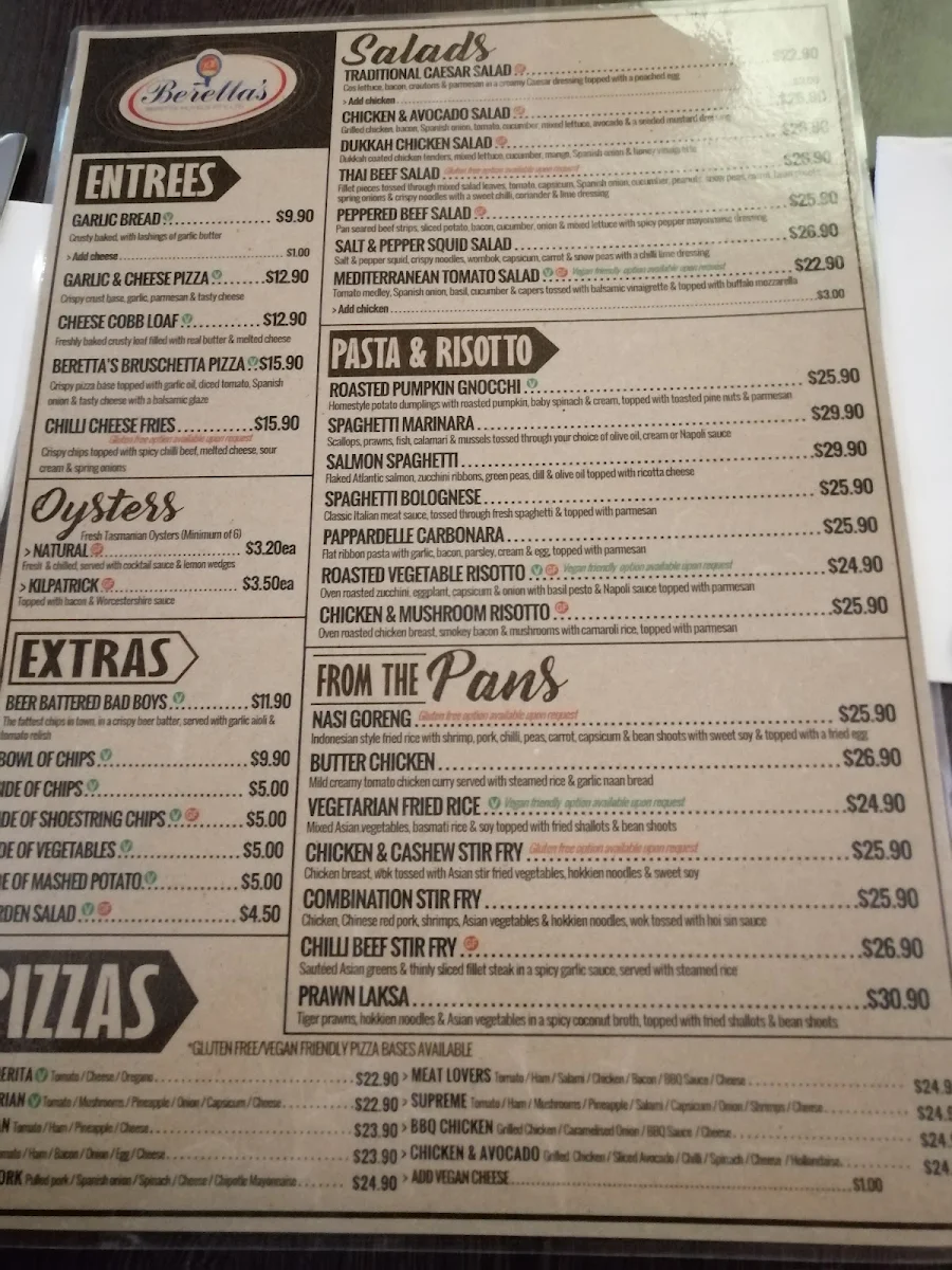 Menu, Beretta's Langwarrin Hotel