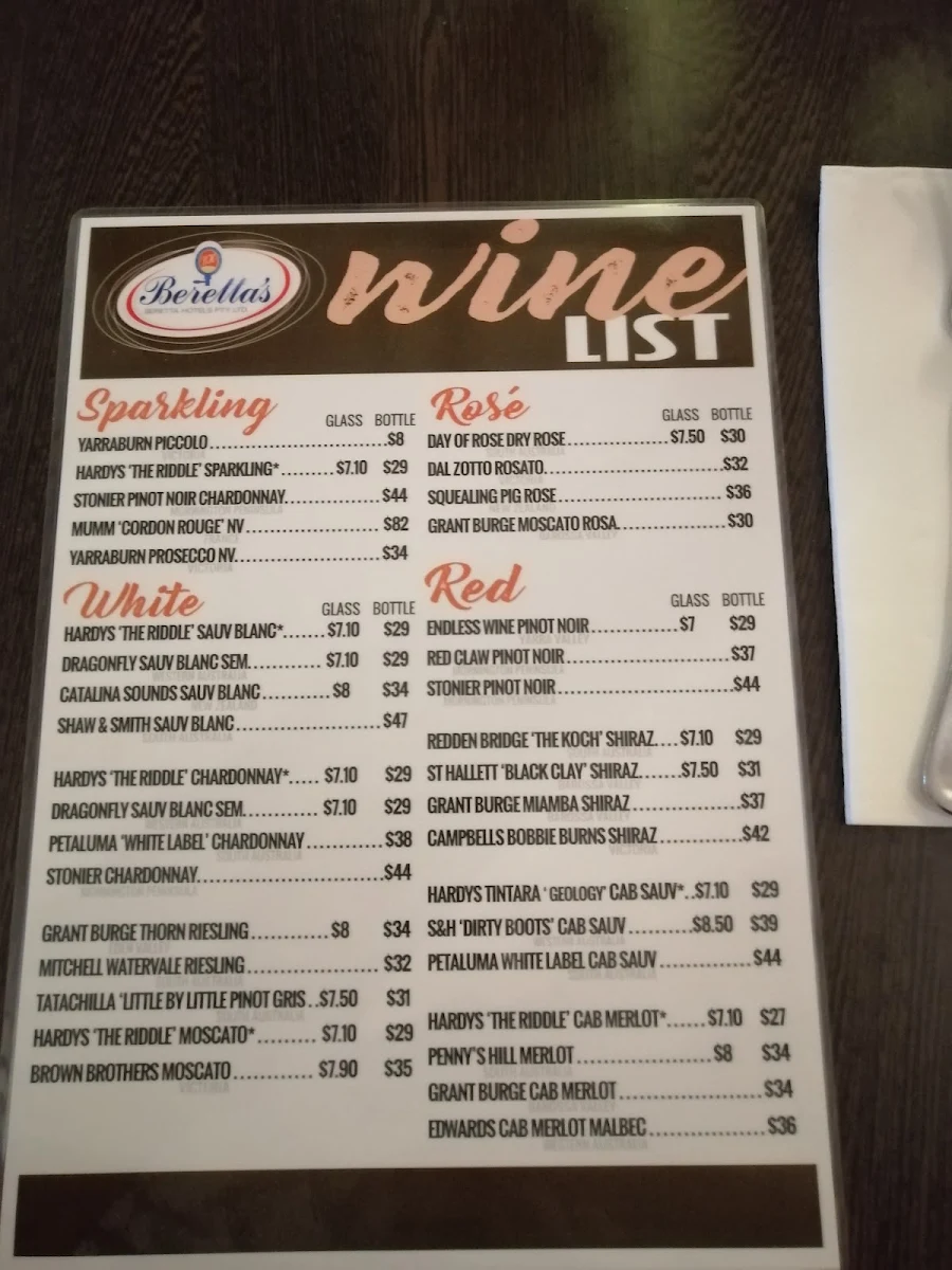 Menu, Beretta's Langwarrin Hotel