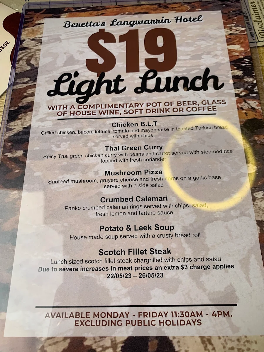 Menu, Beretta's Langwarrin Hotel
