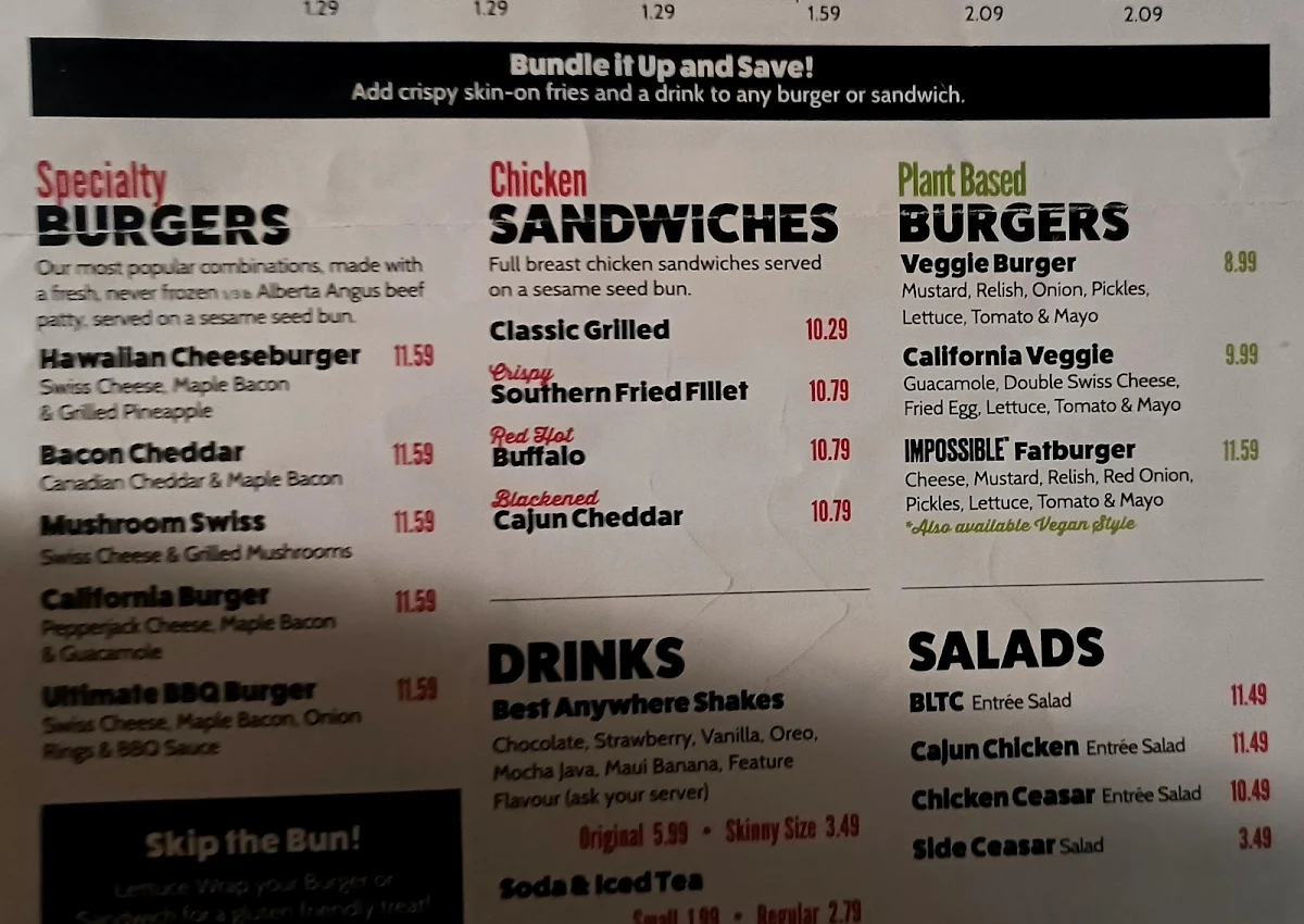 Menu, Fatburger Medicine Hat