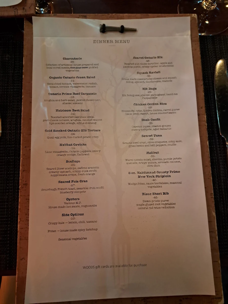 Menu, Woods Restaurant & Bar