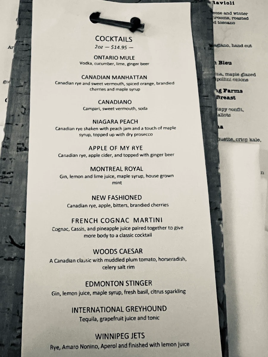 Menu, Woods Restaurant & Bar
