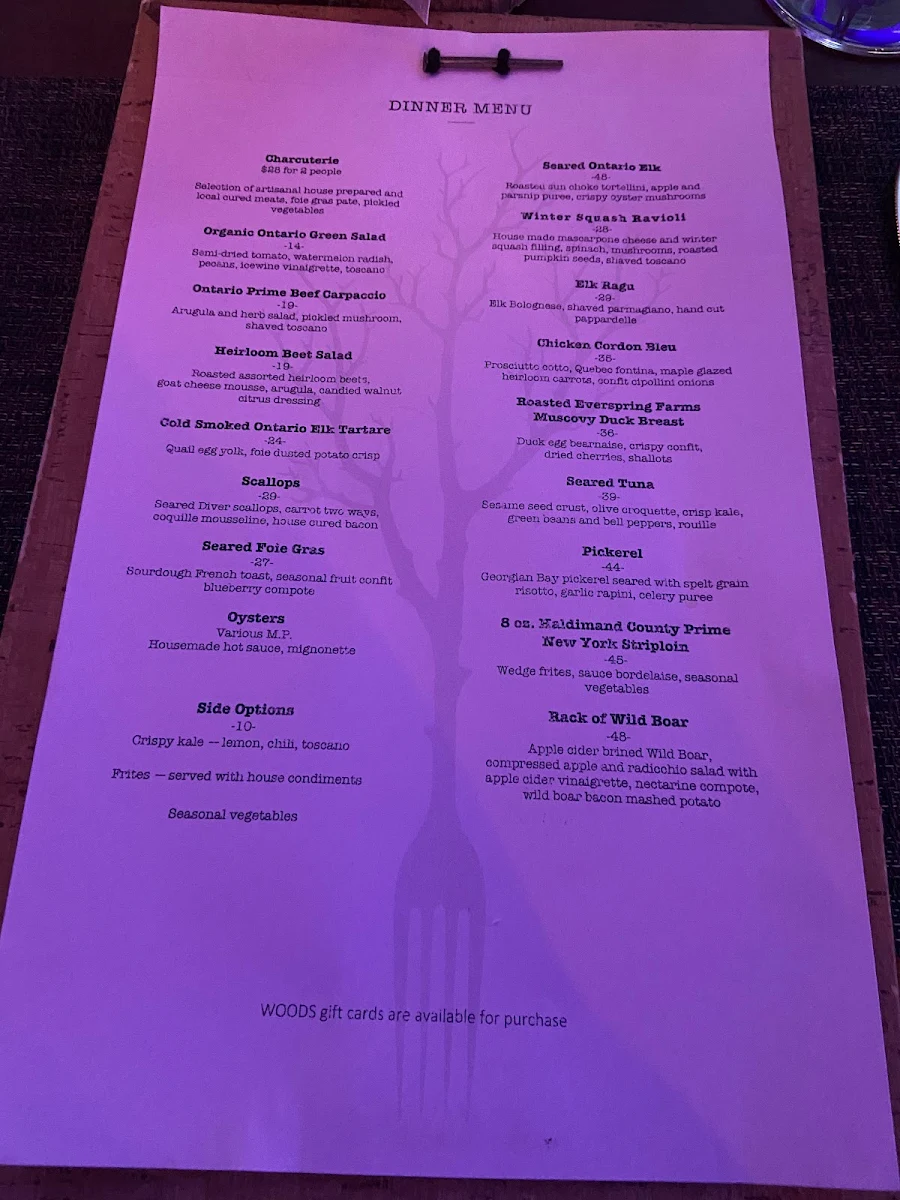 Menu, Woods Restaurant & Bar