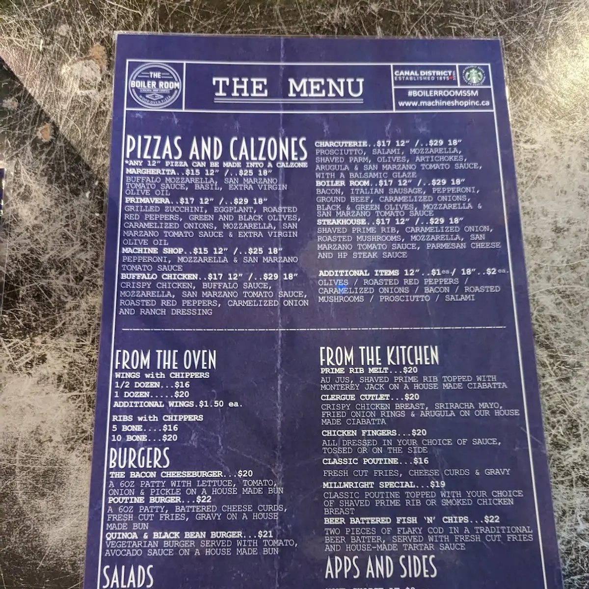 Menu, The Boiler Room
