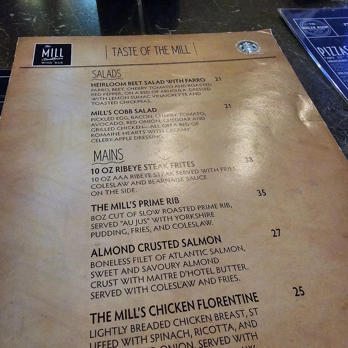 Menu, The Boiler Room