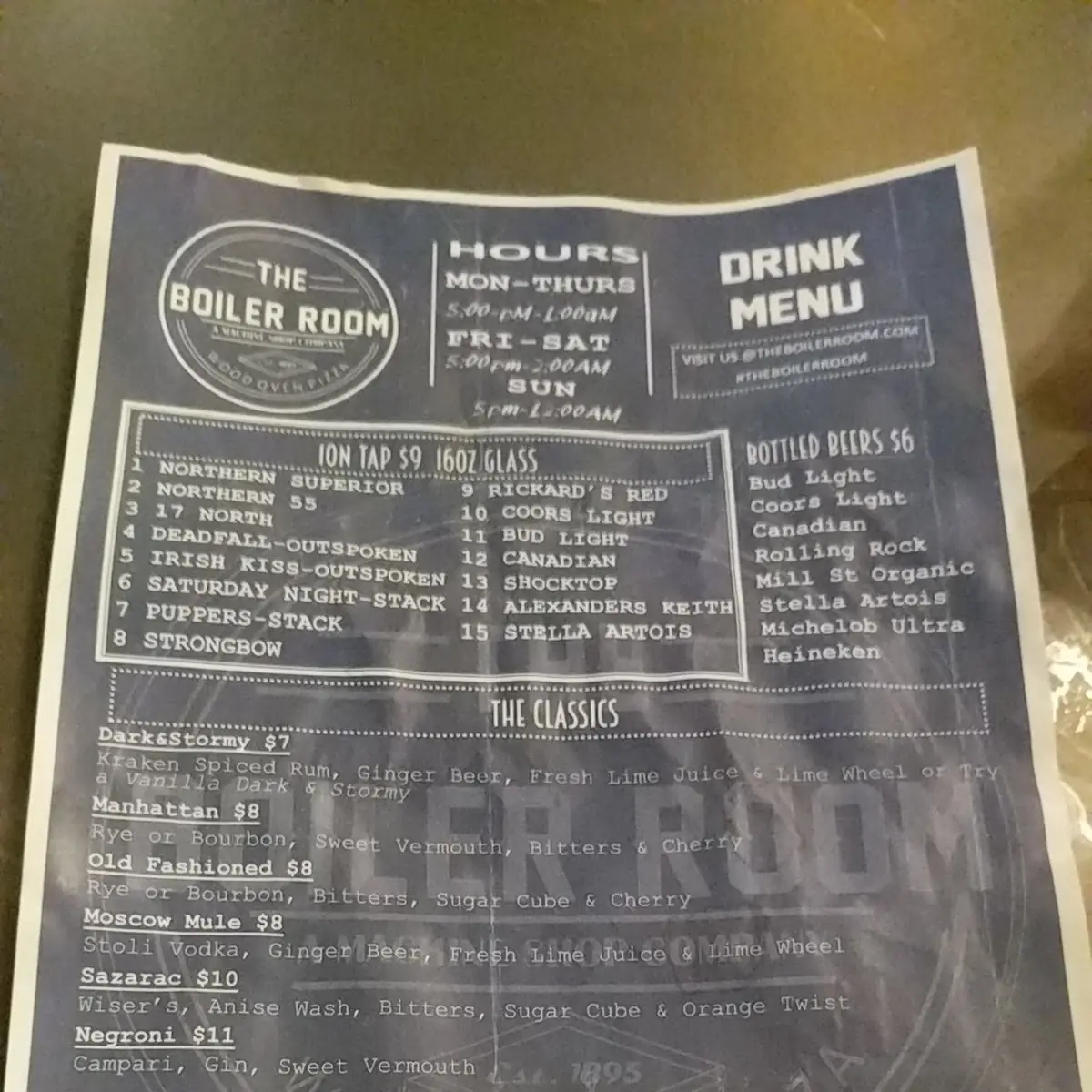 Menu, The Boiler Room