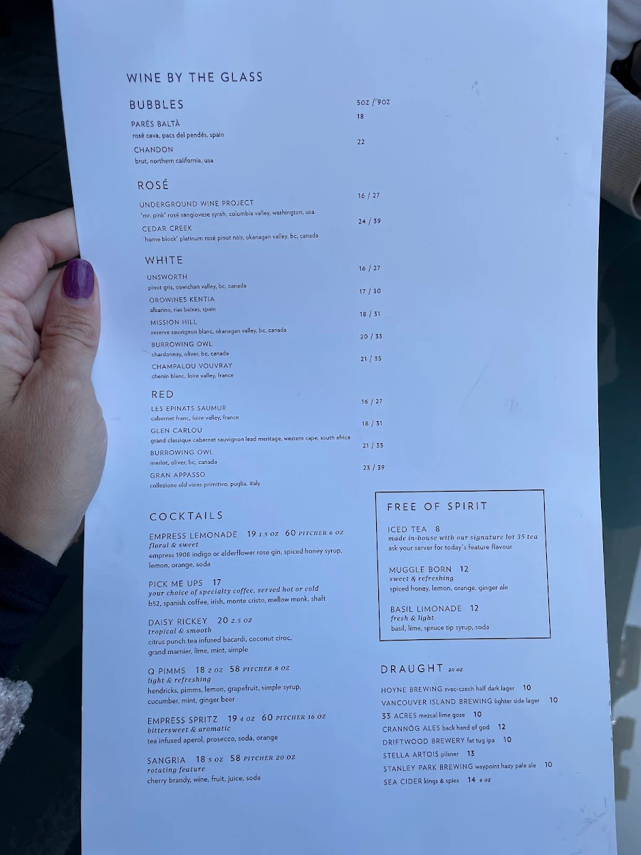 Menu, The Veranda