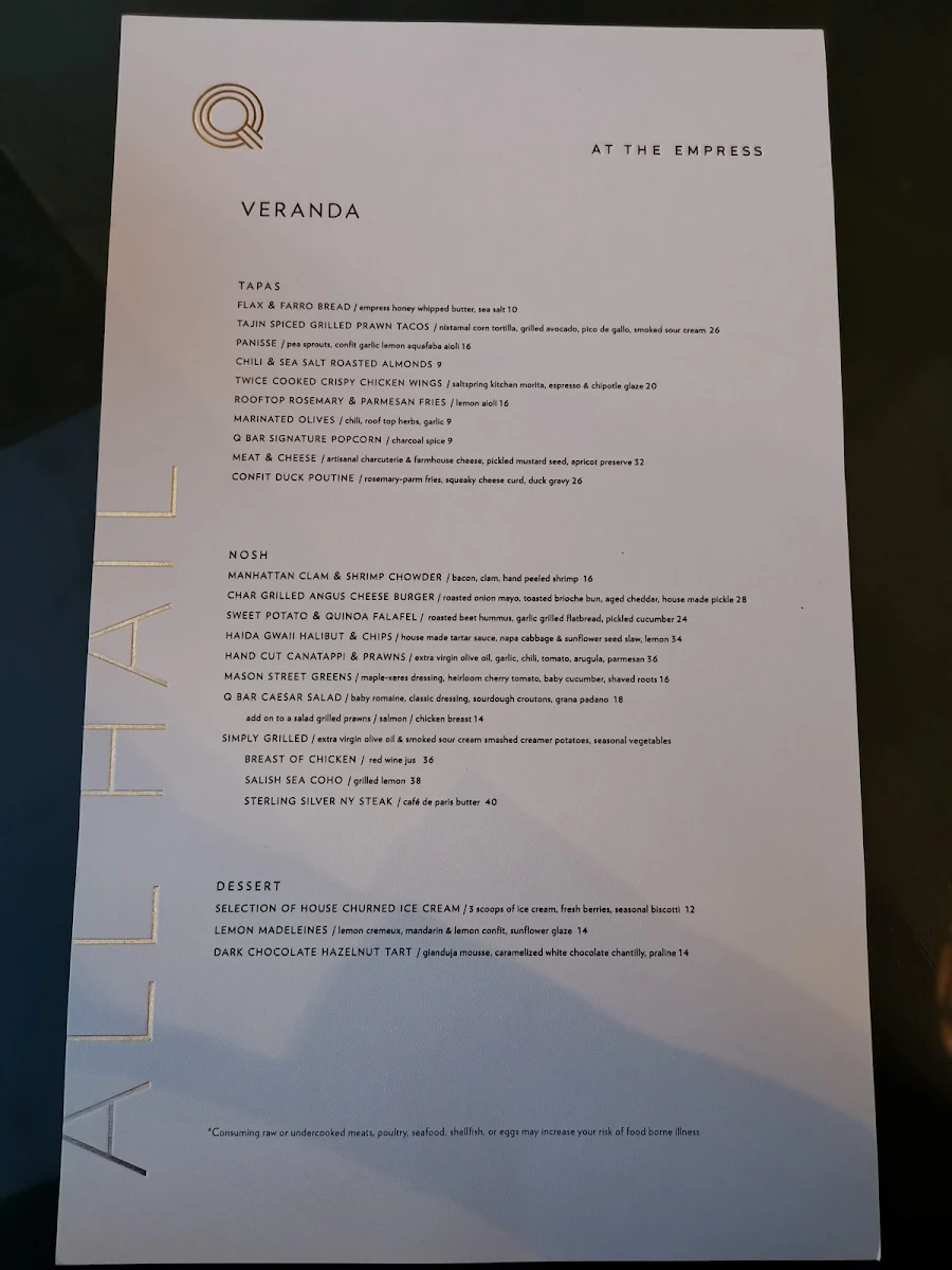 Menu, The Veranda