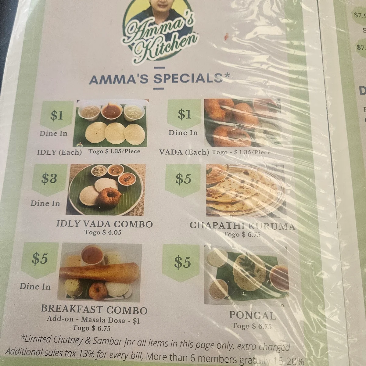 Menu, Amma's Kitchen