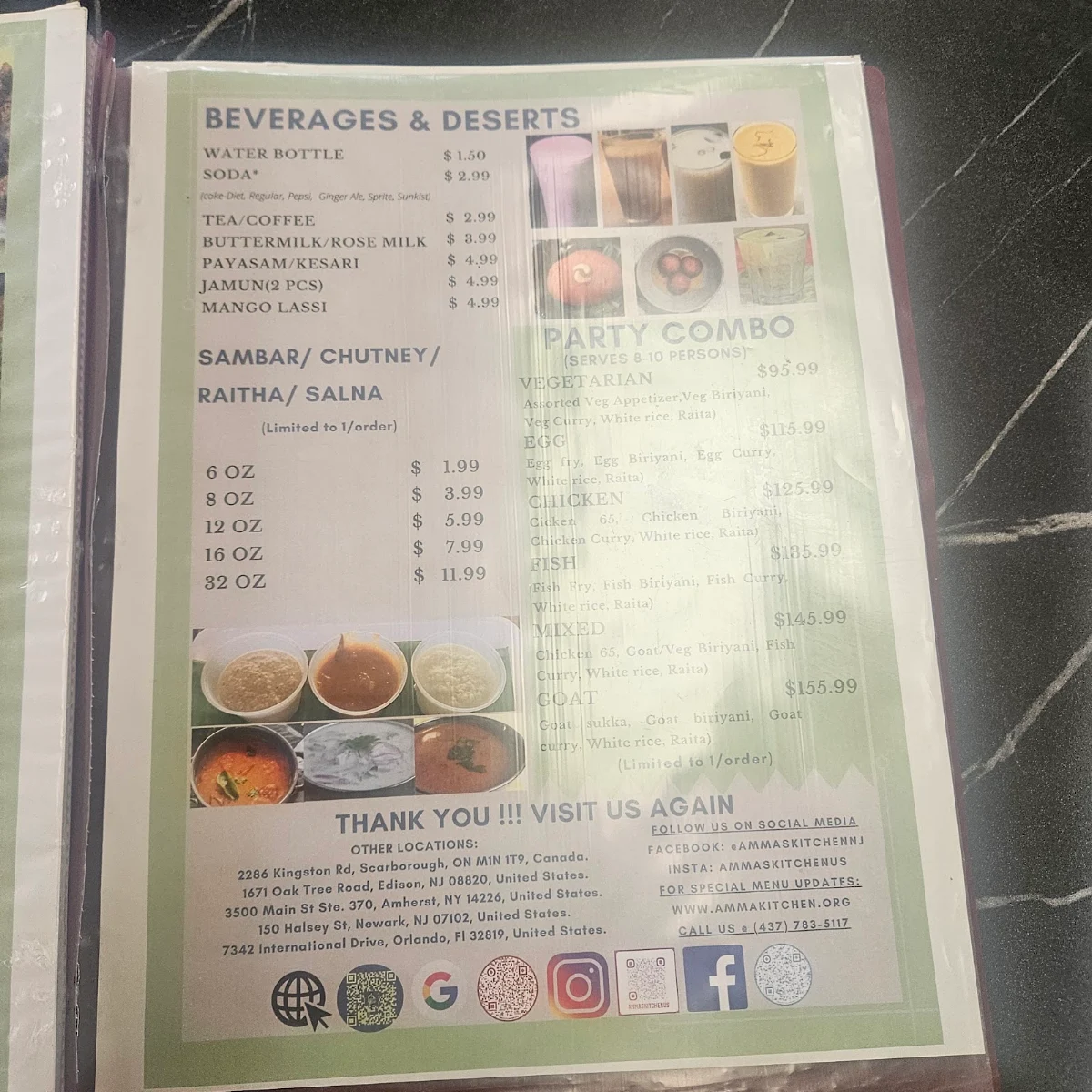 Menu, Amma's Kitchen