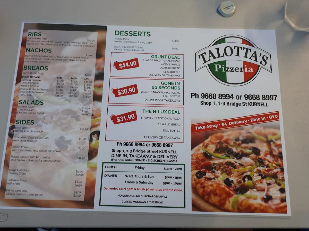 Menu, Talotta's Pizzeria - Kurnell