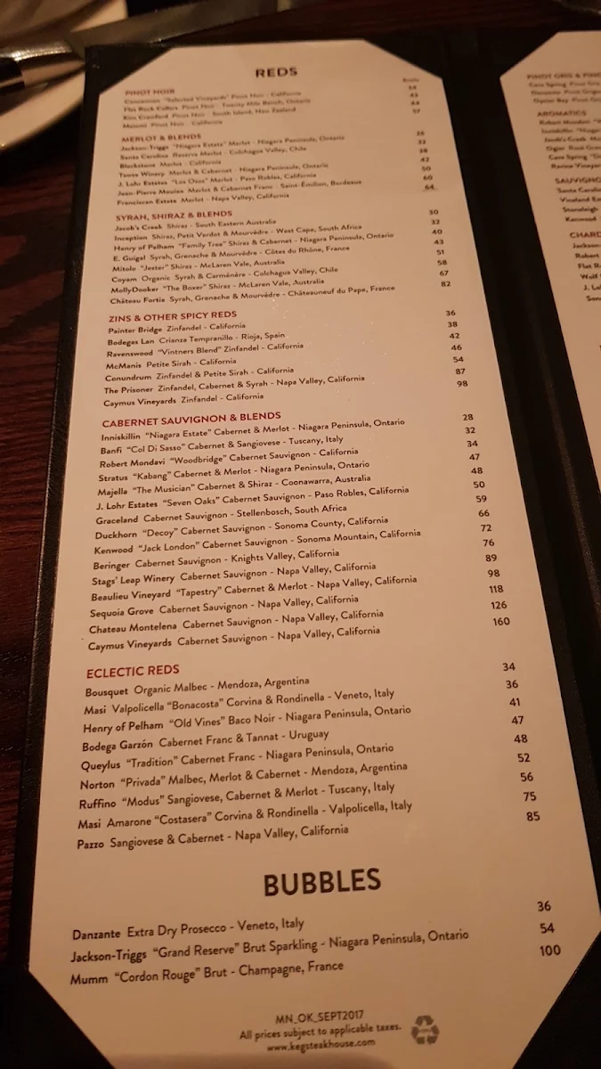 Menu, The Keg Steakhouse + Bar - Windsor Devonshire