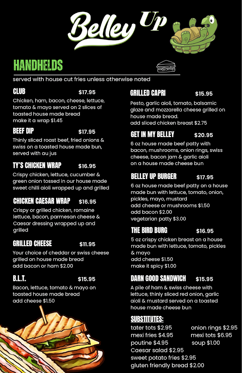 Menu, Belley Up Pub 'N' Grub