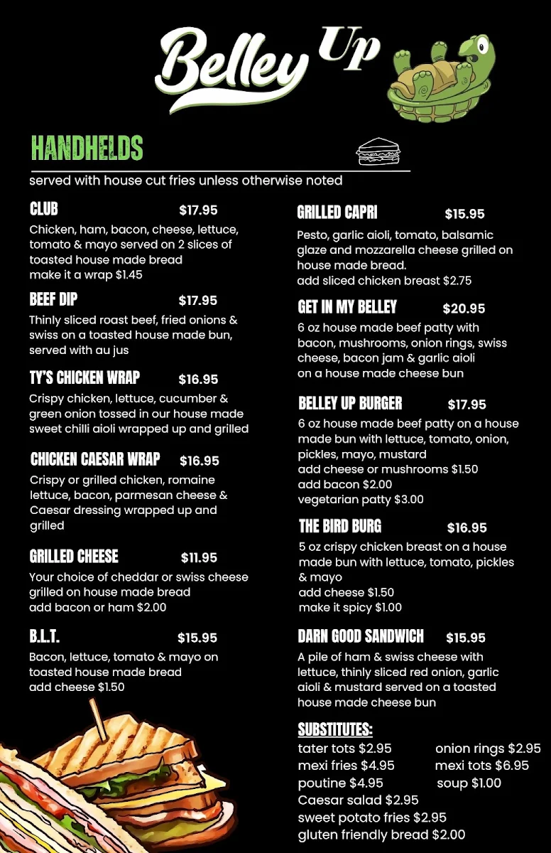 Menu, Belley Up Pub 'N' Grub