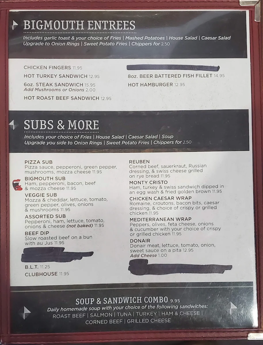 Menu, Belley Up Pub 'N' Grub