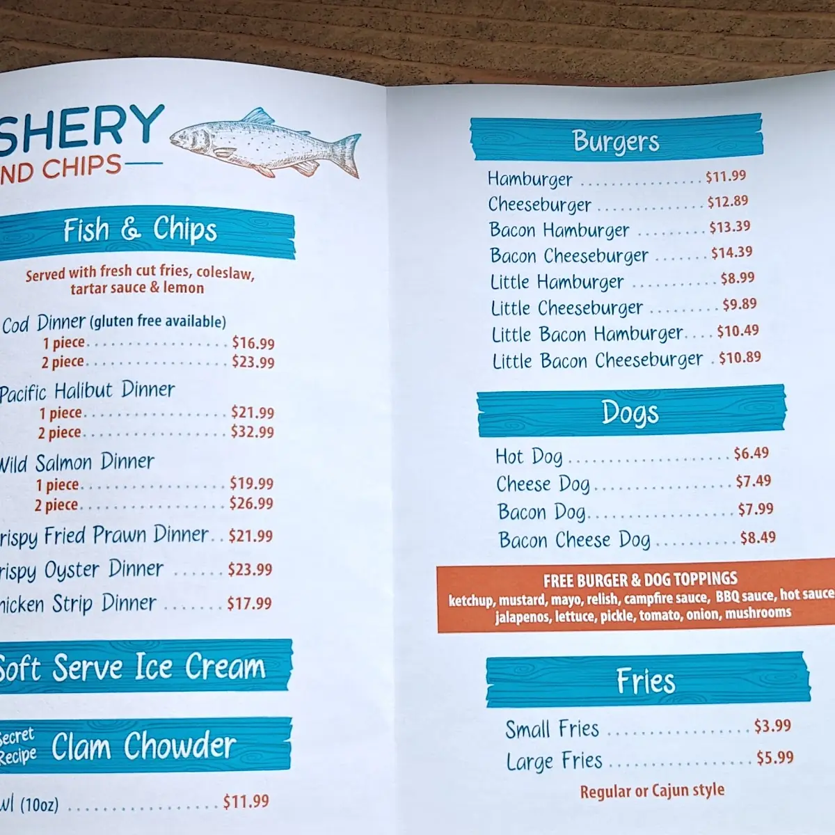 Menu, Fishery & Chips