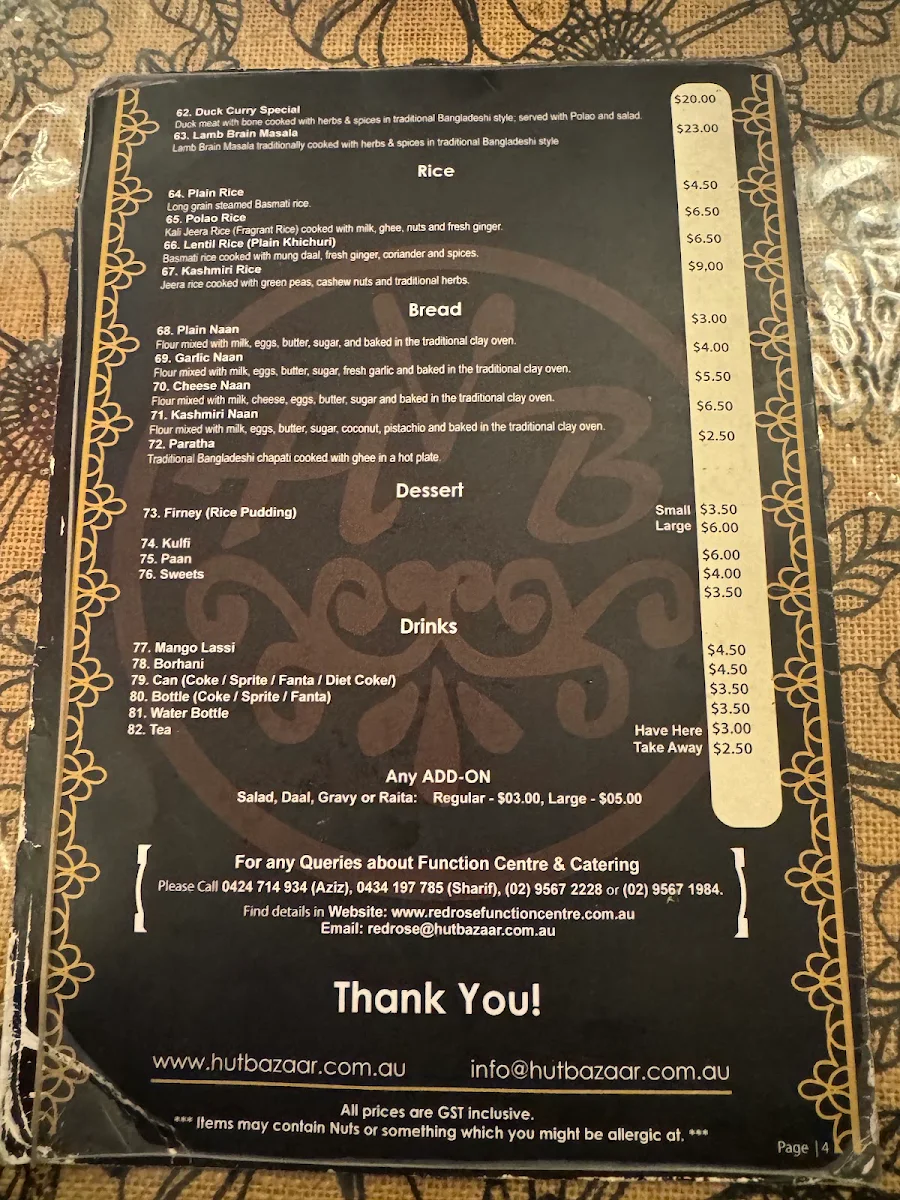 Menu, Hut-Bazaar
