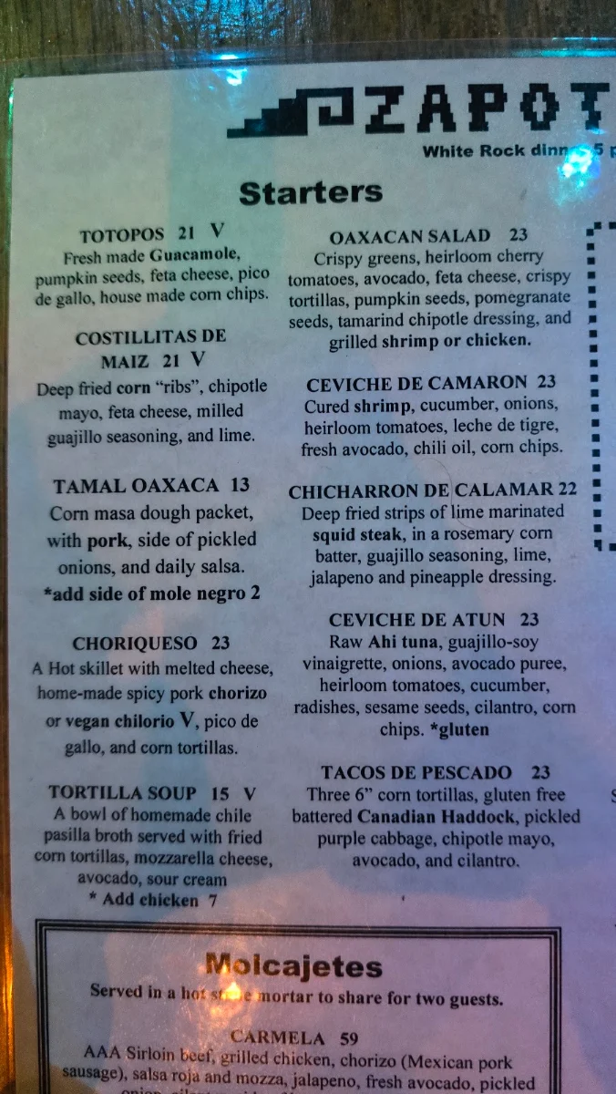 Menu, Zapoteca