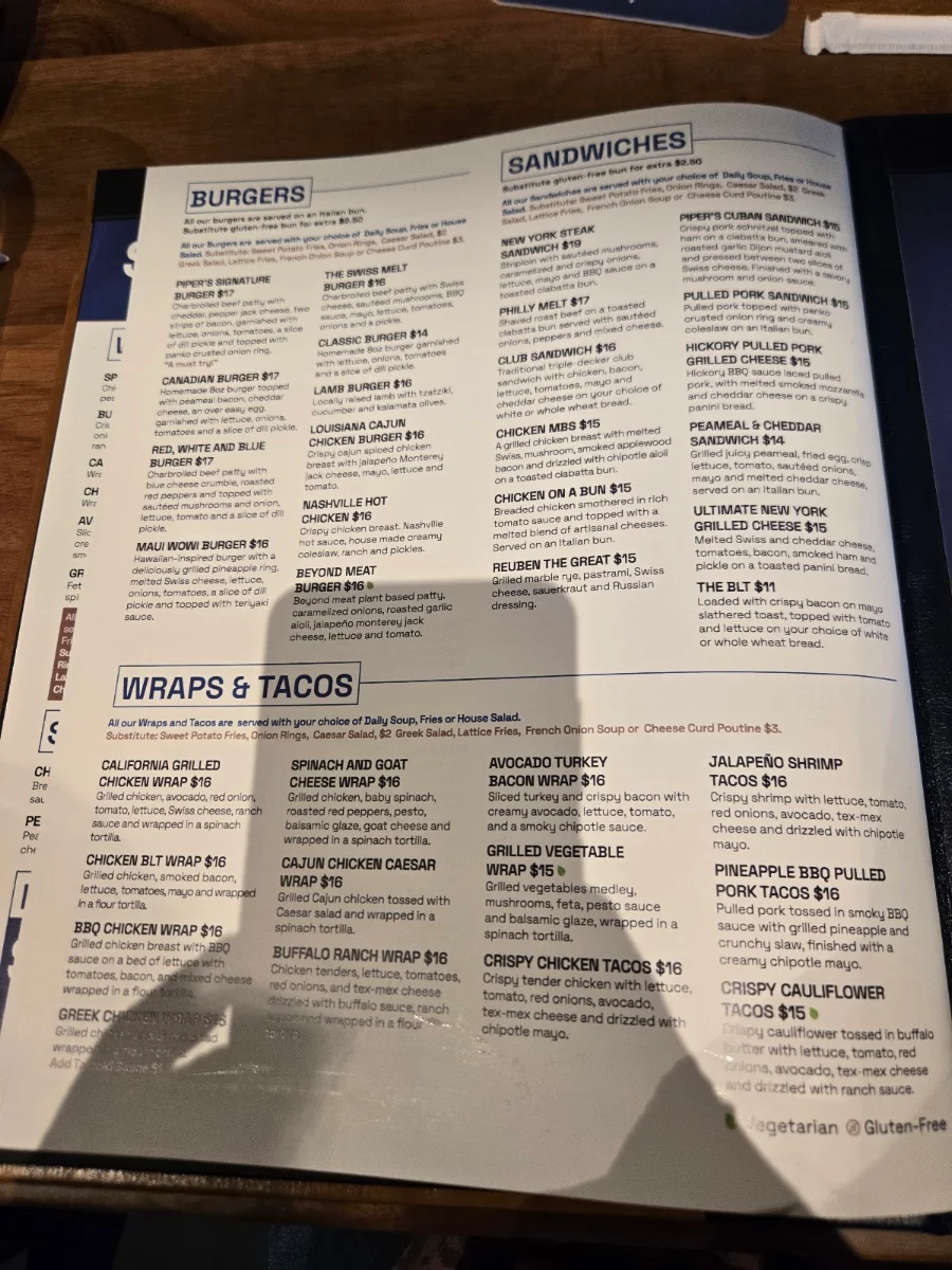 Menu, Piper Arms Guelph