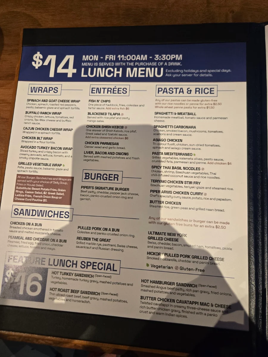 Menu, Piper Arms Guelph