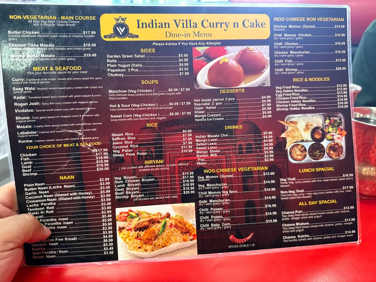 Menu, Indian Villa Curry N Cake