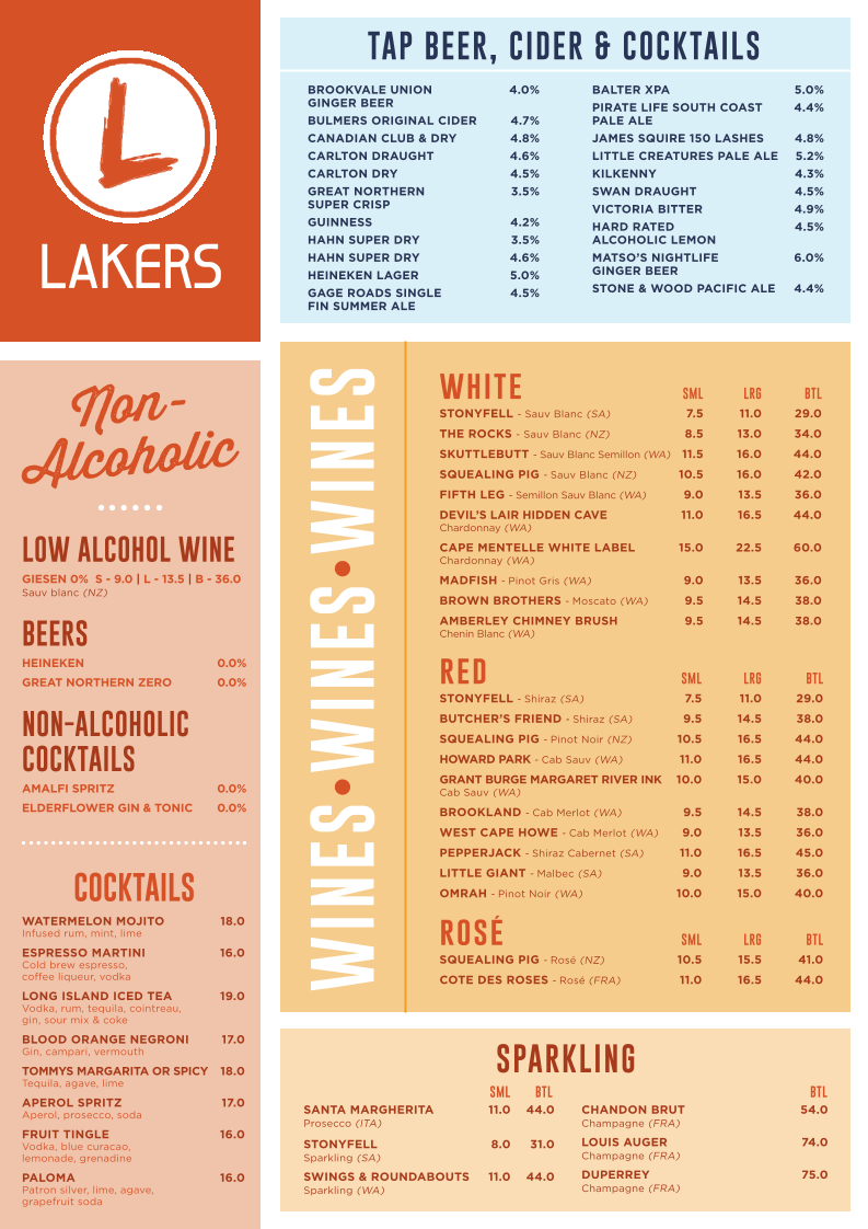Menu, Lakers Tavern