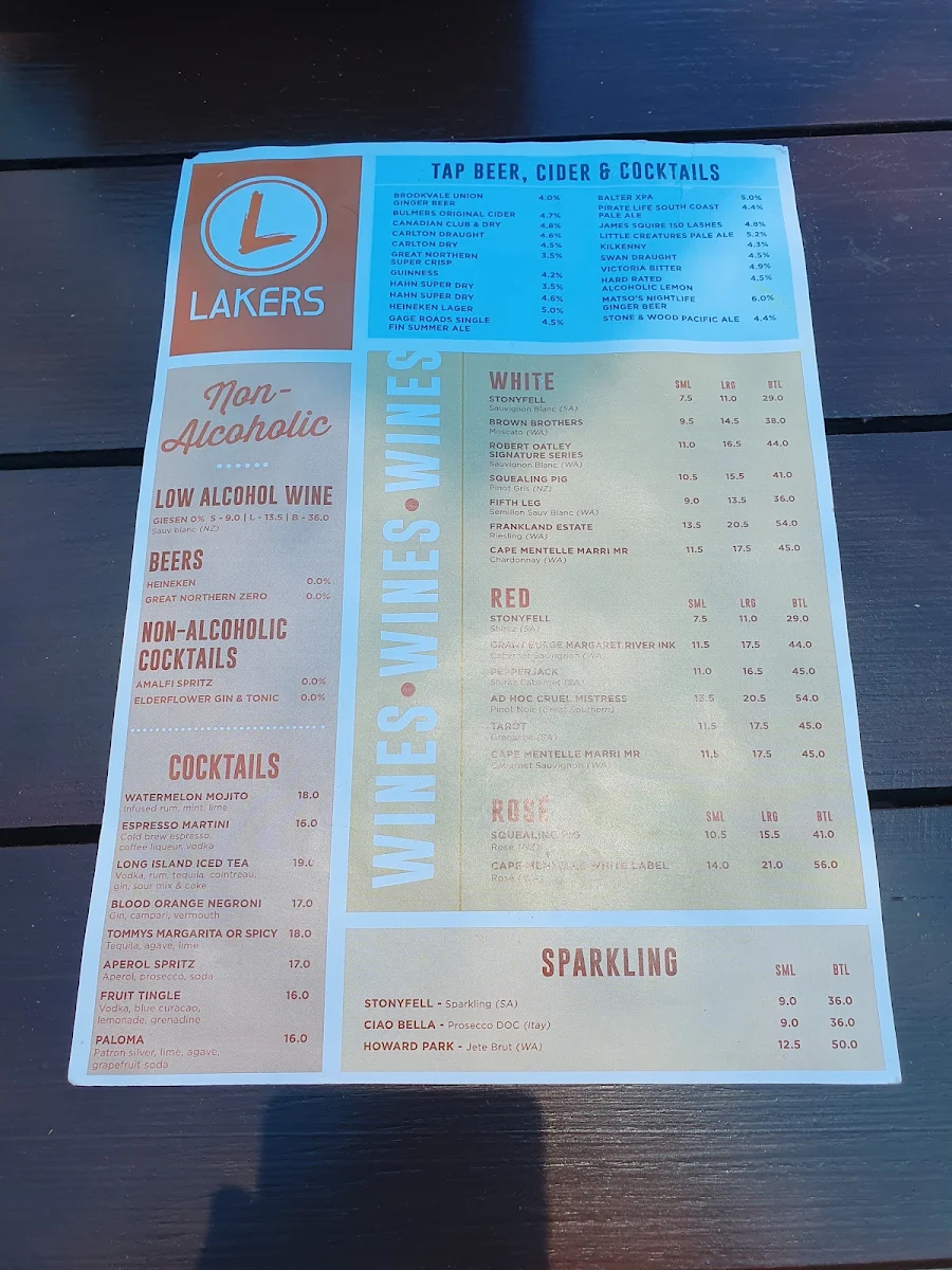 Menu, Lakers Tavern