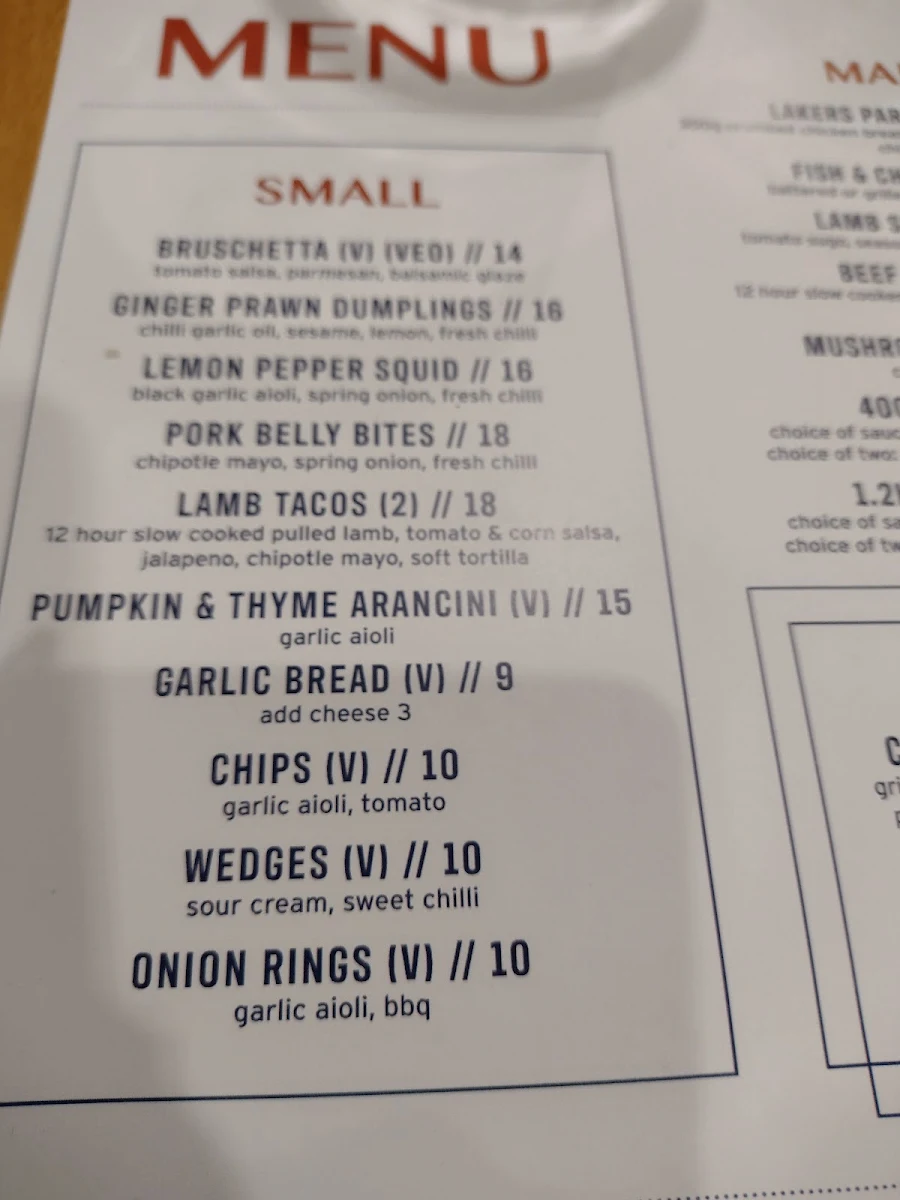Menu, Lakers Tavern
