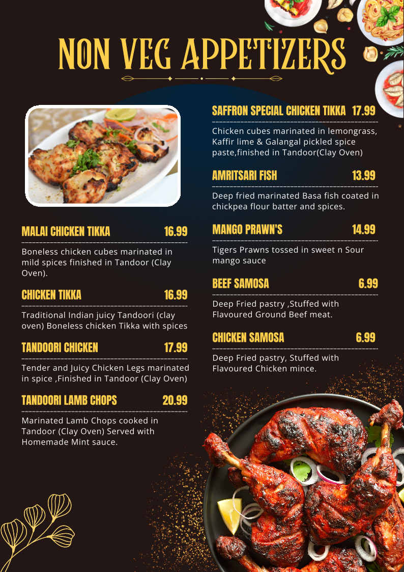 Menu, Saffron Indian Bistro