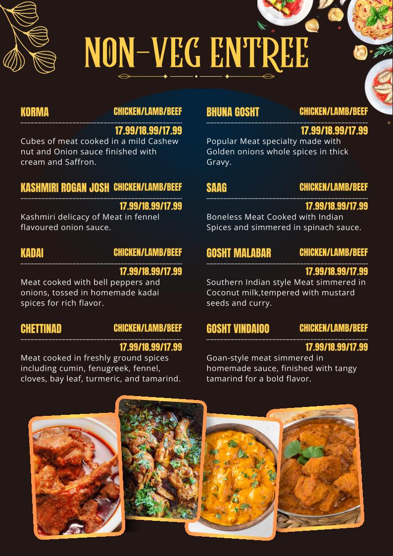 Menu, Saffron Indian Bistro