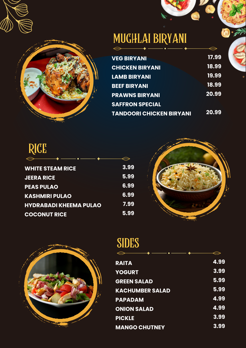 Menu, Saffron Indian Bistro