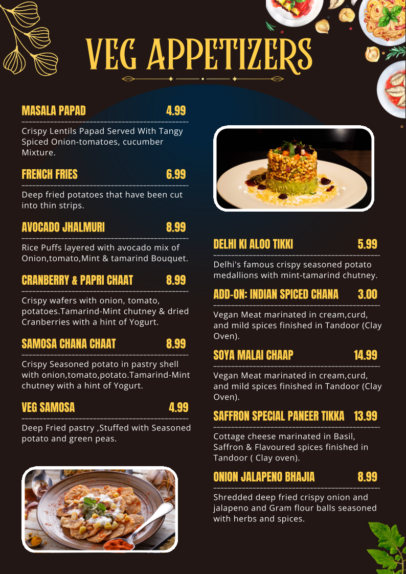 Menu, Saffron Indian Bistro