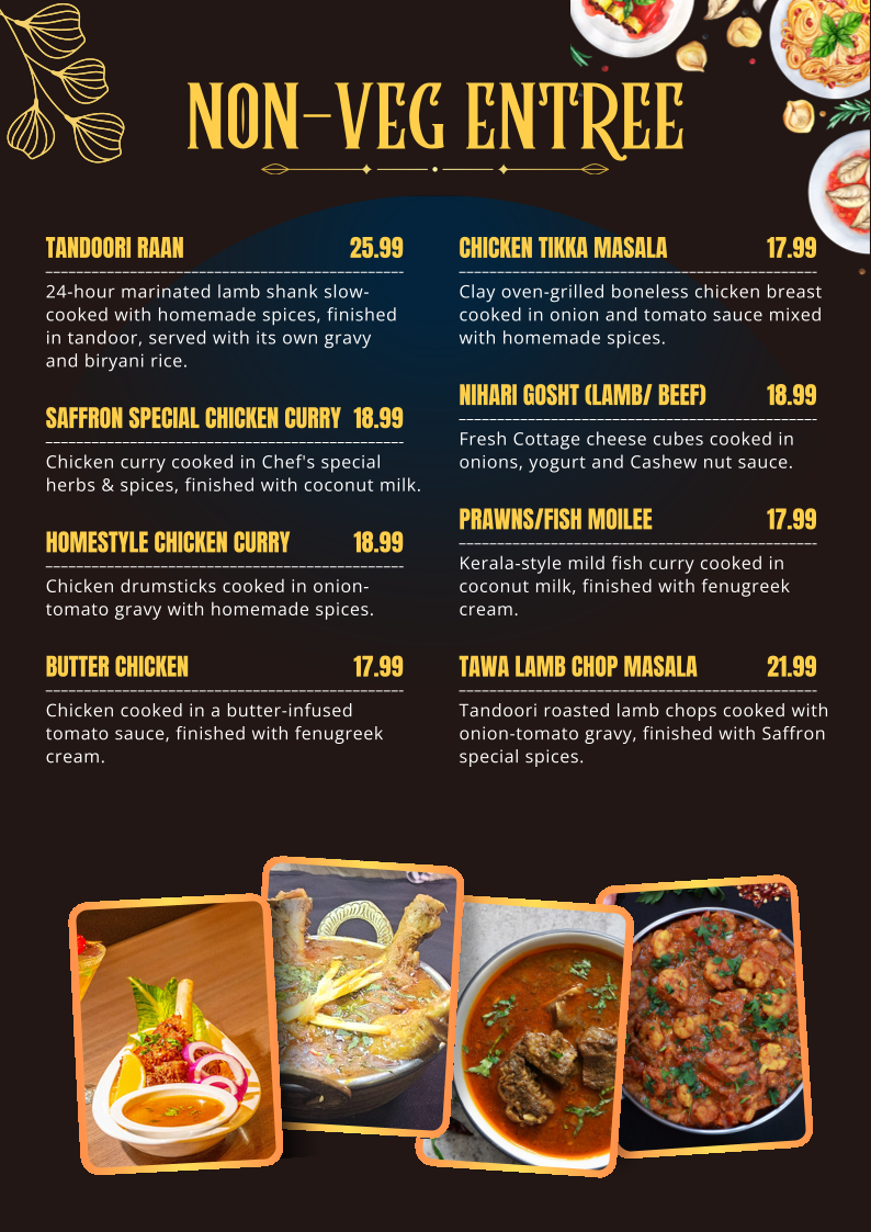 Menu, Saffron Indian Bistro
