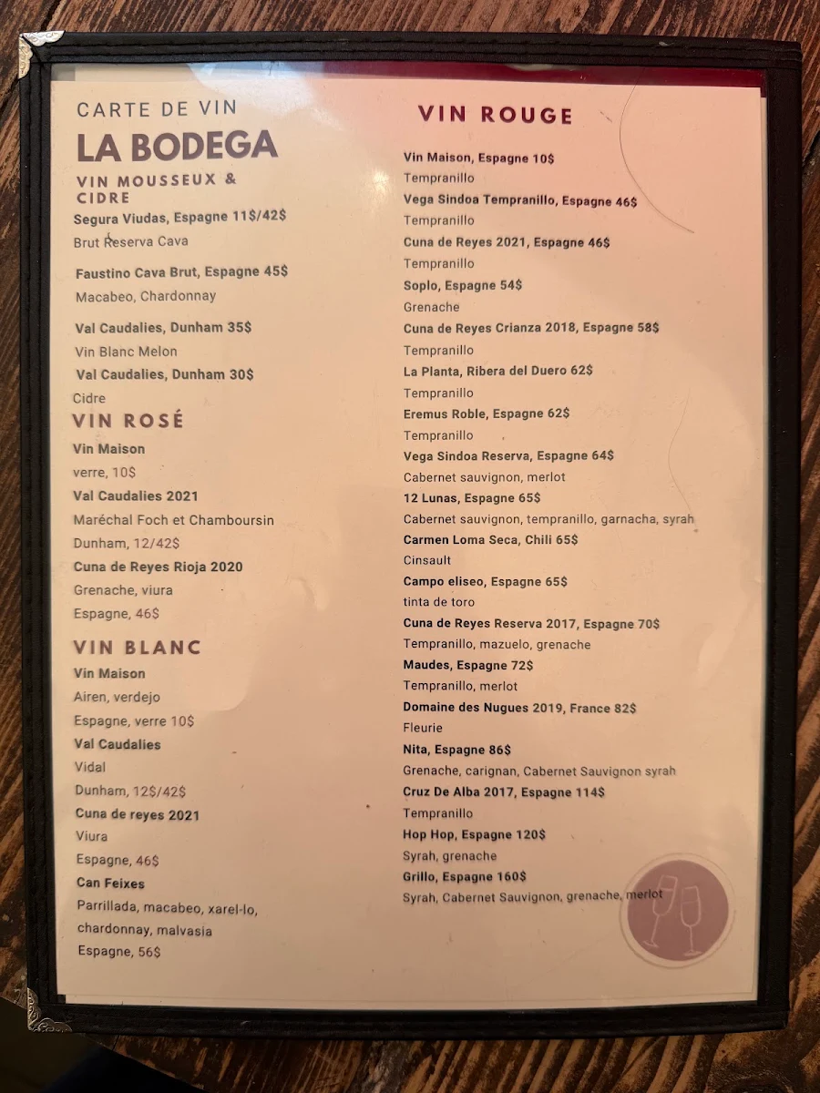 Menu, La Bodega