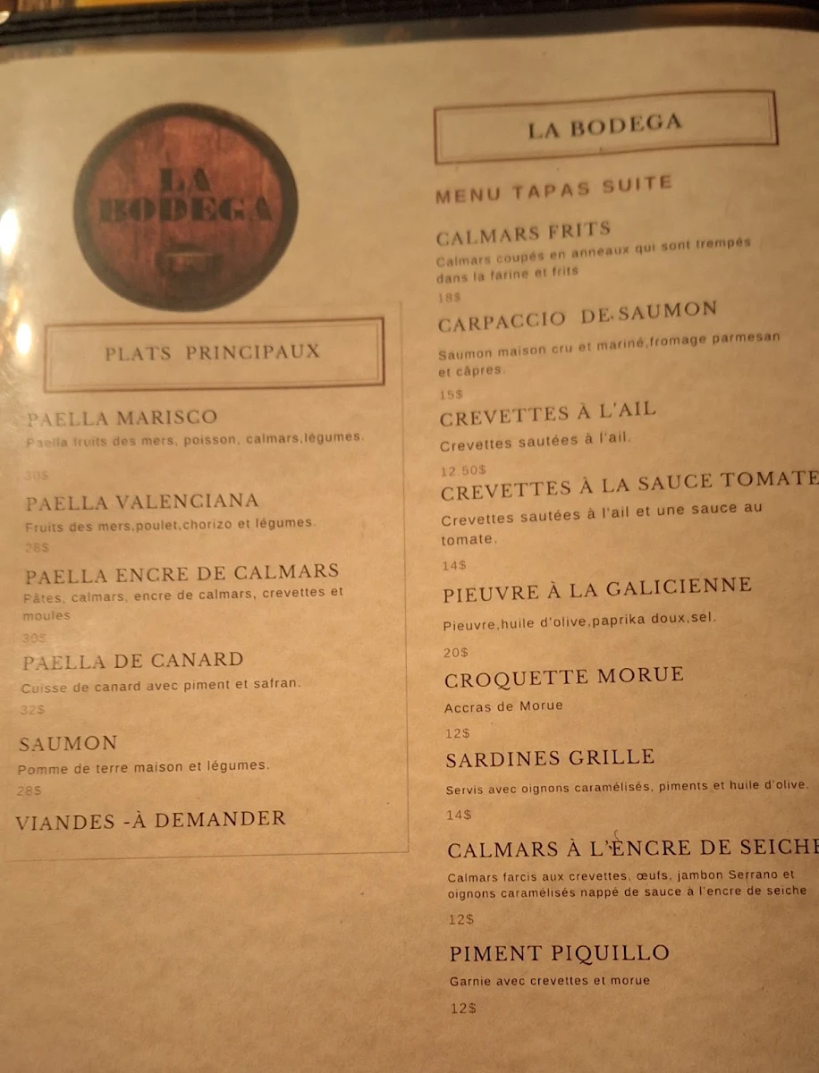 Menu, La Bodega