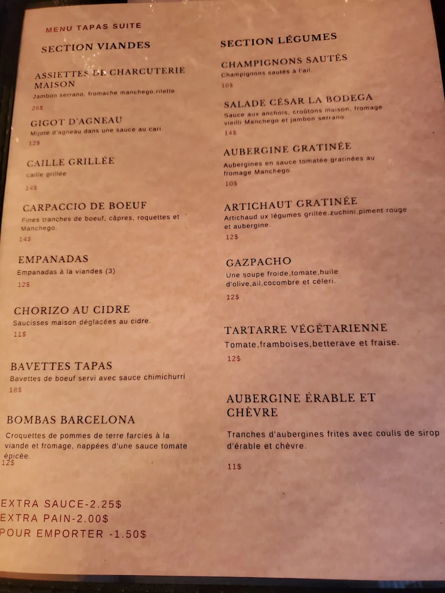 Menu, La Bodega